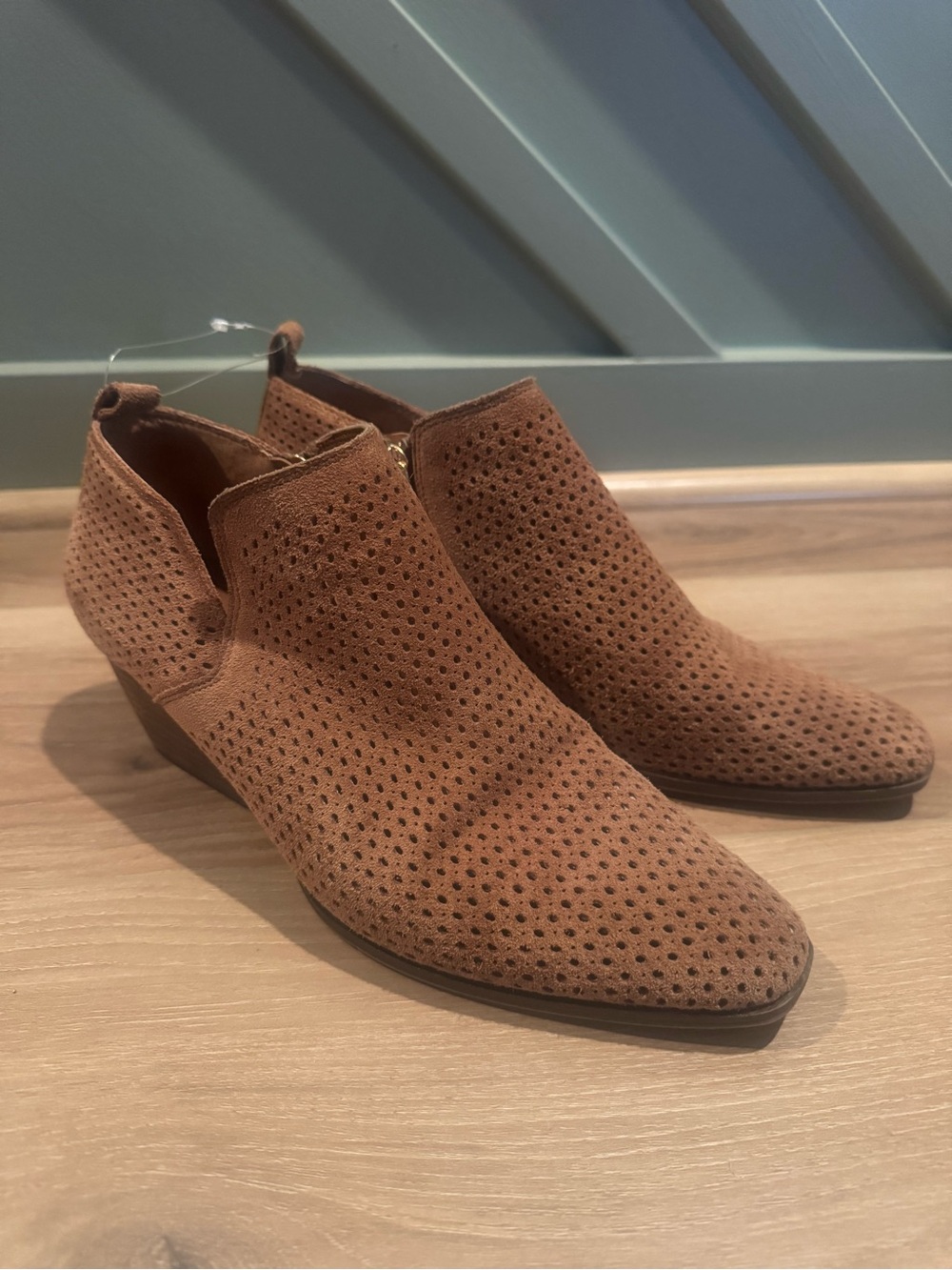 Franco Sarto Perforated Suede Ankle Booties in Cognac Brown